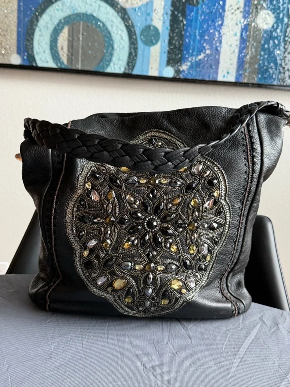 Brighton Black Leather Shoulder Bag with Jeweled Mandala - Picture 1 of 7